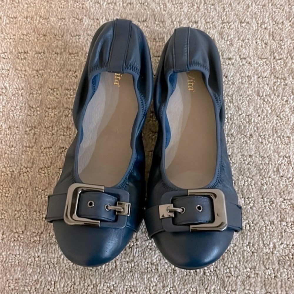 Bella Vita Navy Blue Leather Buckle Ballet Flats